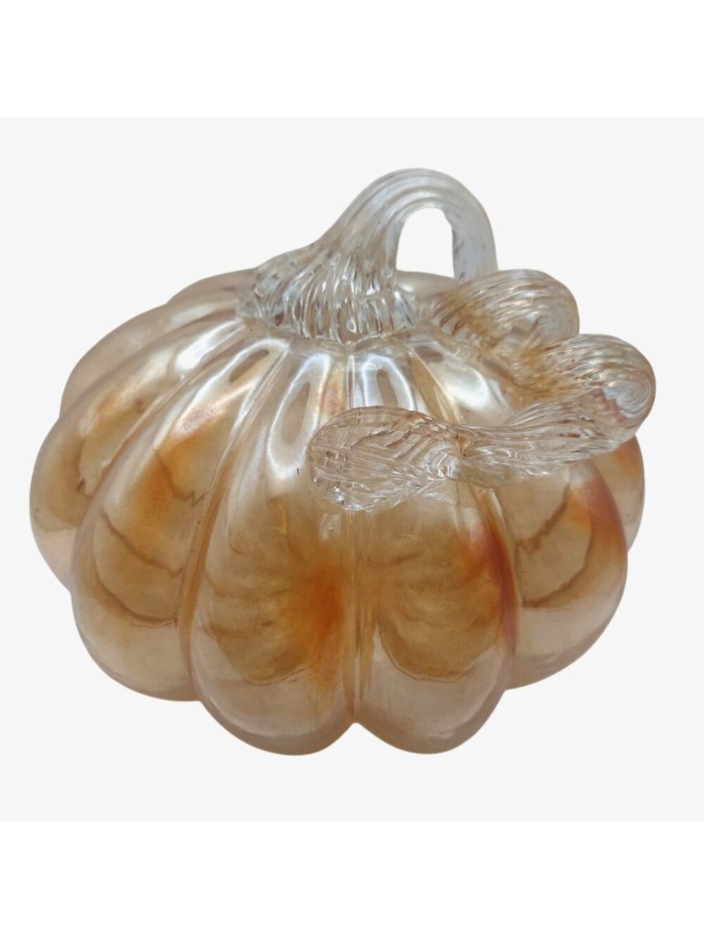 Hand Blown Glass Pumpkin Iridescent Orange Clear Applied Stem Fall Thanksgiving